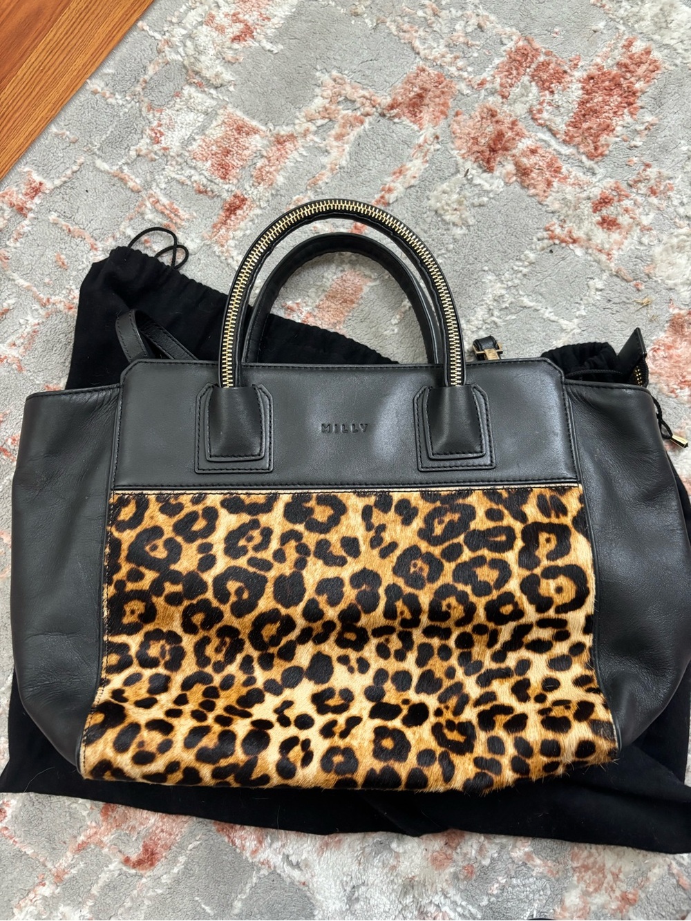 Milly Black Leather Tote with Leopard-Print Front Panel